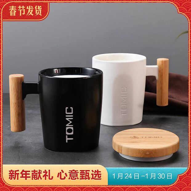 Temei Creative Ceramic Mug With Wooden Handle 400ml (White) - 2